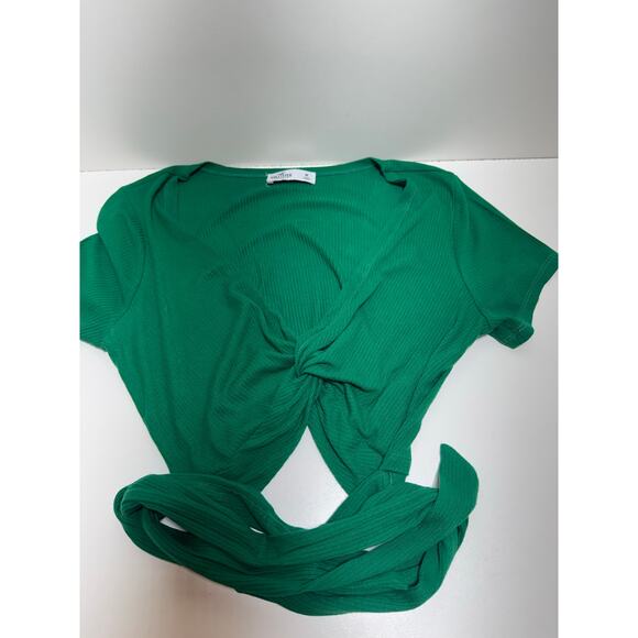 Y2K Hollister Cropped Shirt Junior Sz M Hunter Green Tie Front Low V Neck - Picture 4 of 7